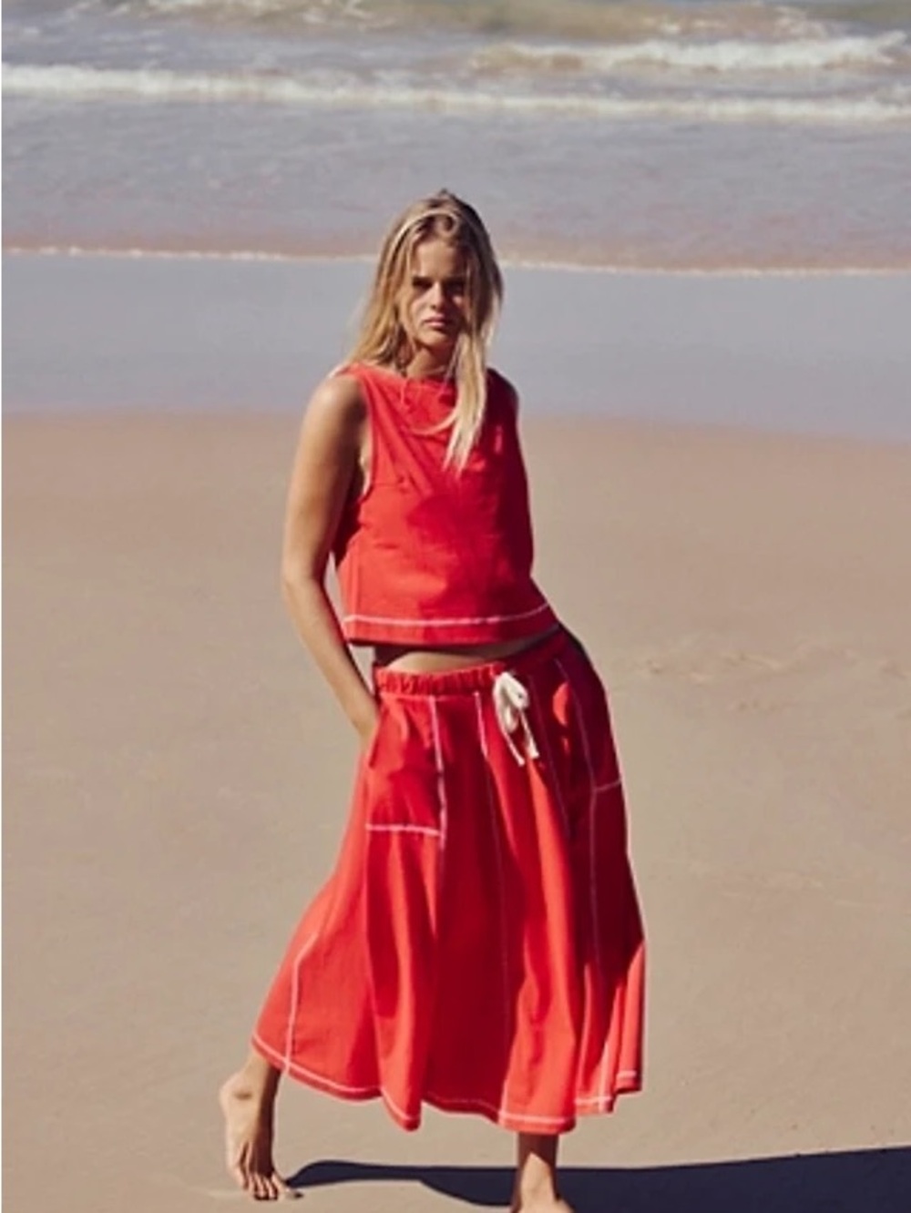 Free People Free-est Strada Skirt Bright Red Drawstring Maxi Skirt